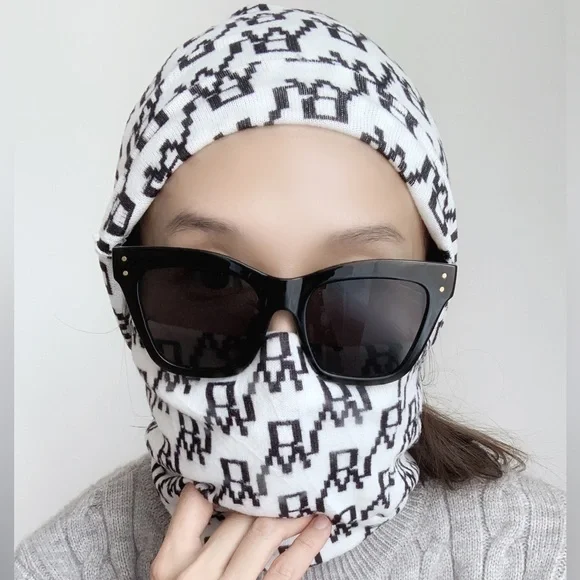 SOFT MONOGRAM KNIT BEANIE AND INFINITY NECK WARMER - WHITE BLACK PRINT 2 PIECE - Picture 1 of 8